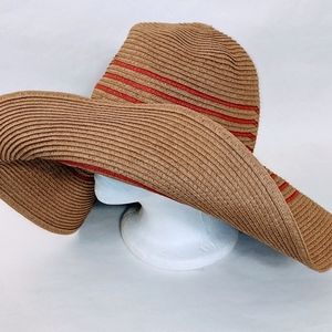 *J. CREW Tan/Red Wide Brim Packable Paper Straw Hippie Retro Boho Floppy Sun Hat